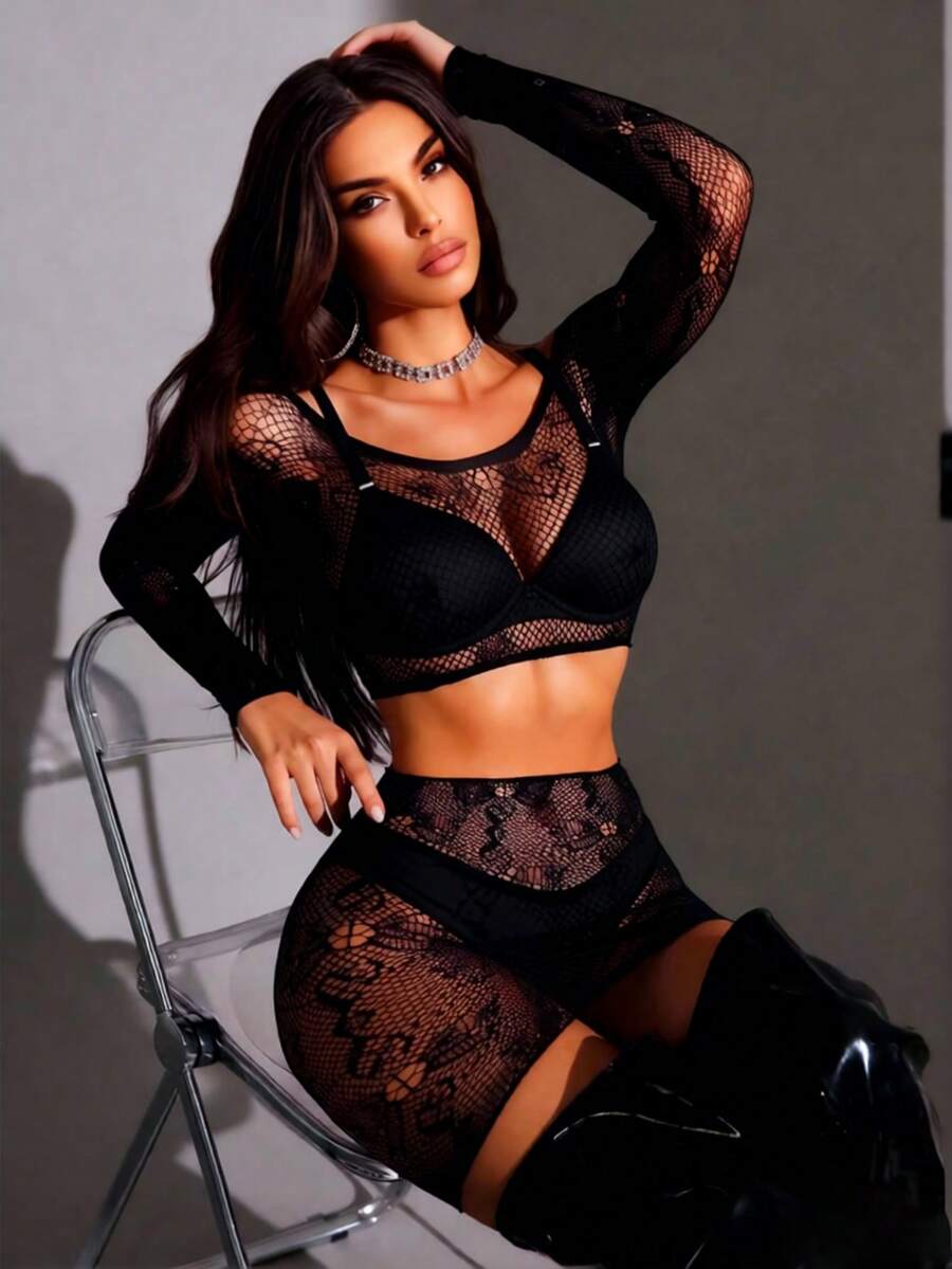 2pcs Women's Sexy Hollow Out Sheer Mesh Lingerie Set - Black - View 1