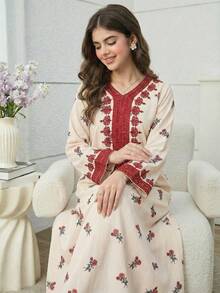 SHEIN Tween Girl Floral Print V-Neck Long Sleeve Loose Dress Long Modest Dresses For Girls - Multicolor - View 5