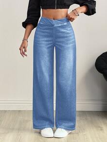 Flexra Women's V-Shaped Cross Design Elastic Waist Pocket Distressed Fashionable Jeans - Light Wash - View 1