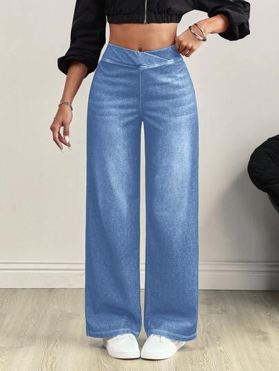 Flexra Women's V-Shaped Cross Design Elastic Waist Pocket Distressed Fashionable Jeans