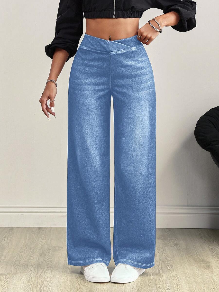 Flexra Women's V-Shaped Cross Design Elastic Waist Pocket Distressed Fashionable Jeans - Light Wash - View 1