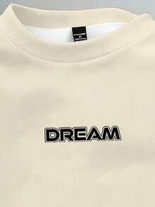 Manfinity Joysei 男士休闲日常通勤时尚街头字母印花撞色落肩宽松圆领卫衣，春秋季 - 淺卡其色 - 查看 3