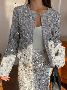 DAZY Elegant Long Sleeve Women's Jacket, Shiny And Graceful For Professional Office Wear, Spring/Summer Carnival - Silver - View 3