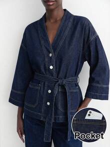 Maija Women's Dark Blue Denim Jacket 3/4 Sleeve Shirt With Belt Spring Elegant Women's Wear - Dark Wash - View 5