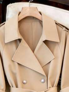 GlowEve Fashionable Lapel Raglan Sleeve Trench Coat With Tie Waist And Metal Buttons, Elegant Commuter Jacket, Khaki, Spring/Autumn New Style Midi Windbreaker