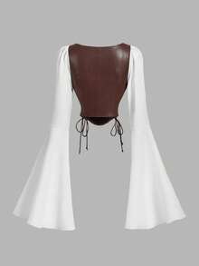 SHEIN MOD 女士棕白撞色PU皮喇叭袖衬衫，带收腰设计——西部风格，完美适用于度假、浪漫场合、海滩、约会、野餐、派对、舞会、节日和生日；浪漫复古宫廷风 - 彩色 - 查看 9