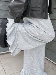 FRIFUL Women's Elastic Waist Layered Ruffle Hem Maxi Pants - Grey - View 5