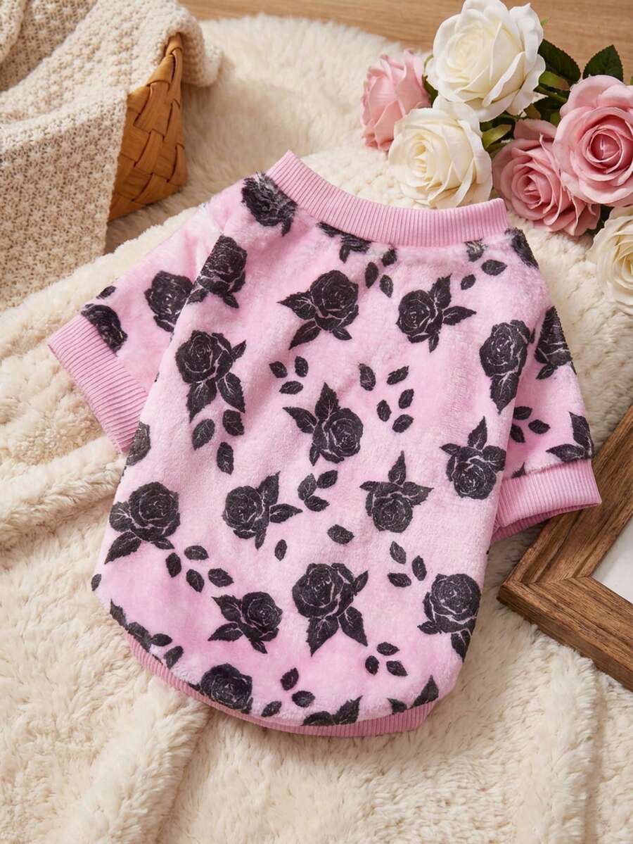 PETSIN 1 Printed Black Rose Flannel Sweatshirt, Pet Autumn And Winter Thick And Warm Pink Version - Pink - View 1