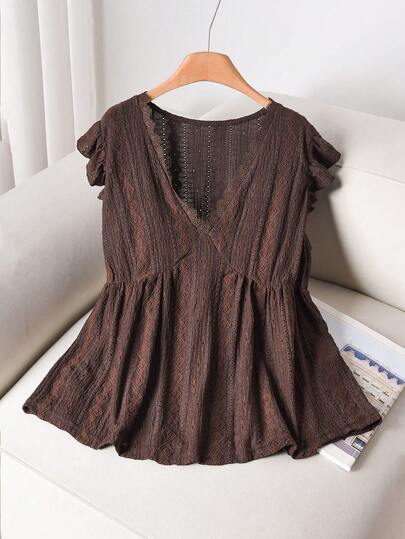 CosyJoli Plusstorlek linne och linne, kortärmad blus, kaffebrun ärmlös topp, eleganta damkläder i vardagsstil