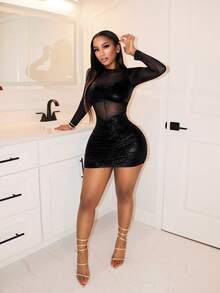 BamGleam Crew Neck Sheer Long Sleeve Patchwork Hollow Out Bodycon Ruched Mini Dress, Sexy Club Style - Black - View 7