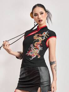 ROMWE Avant Women's New Chinese Style Dragon Embroidery Chinese Painting Embroidery Pattern Improved Cheongsam Top