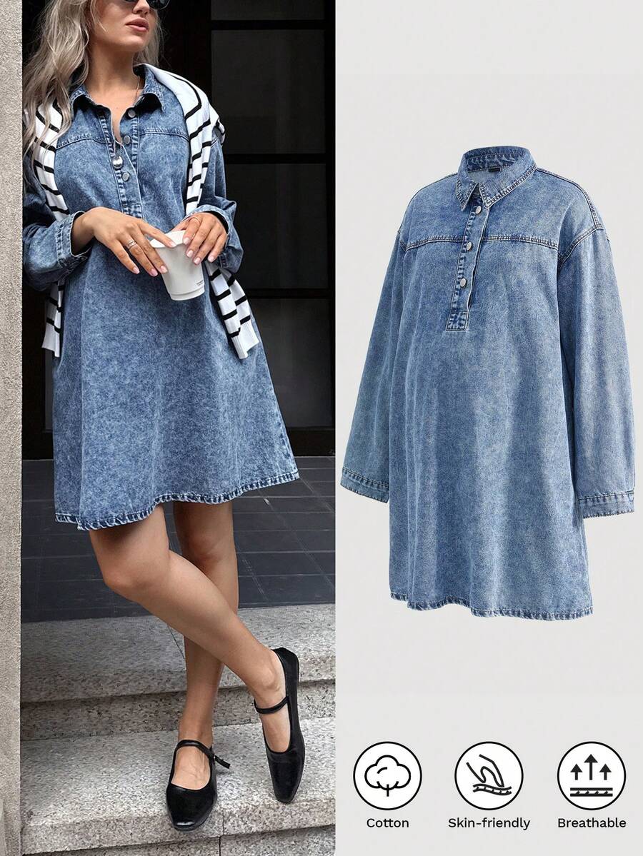 SHEIN Đầm denim bầu tay dài dáng rộng, cài cúc nửa thân, vai rớt, kiểu dáng thường ngày, thích hợp cho mùa xuân hè, ngày lễ tình nhân, lễ hội, đi làm, nghỉ mát, tốt nghiệp, phong cách Y2K, dễ thương, thời trang đường phố, dự tiệc, đám cưới, thanh lịch, công sở, thường ngày, phong cách nữ tính, đầm denim mini màu xanh nhạt dáng rộng, tay dài, cổ bẻ, cài cúc nửa thân. - Màu xanh lam - Xem 1