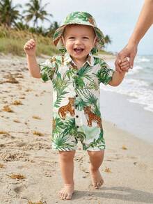 SHEIN 1件男婴夏季短袖热带绿色植物豹纹印花常规版型连体衣，适合度假、户外日常穿着、沙滩宝宝连体衣、婴儿连体衣、婴幼儿服装、儿童服装、幼儿服装、婴儿套装，尺码6个月-3岁 - 綠色 - 查看 1