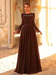 Aureia Elegant Brown Chiffon Round Neck Long Sleeve Hand-Embellished Pearls Pleats High Waist Large A-Line Skirt Luxury Evening Gown Wedding Party - Coffee Brown - View 8