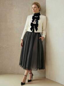 MOTF PREMIUM 加大码粗花呢蝴蝶结撞色修身优雅夹克 - 黑與白 - 查看 6