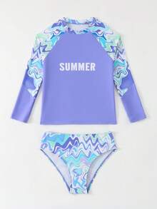 8-12岁女孩渐变波浪印花长袖两件式泳衣，夏季时尚泳装，适合青少年女孩学生海滩冲浪 - 彩色 - 查看 7