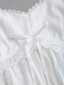 Sweetra Cute & Youthful Square Neck Solid Color Lace Patchwork Lantern Sleeve Loose Dress - White - View 3