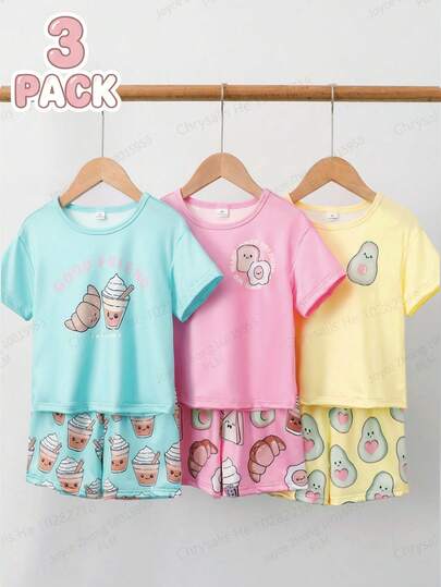 6pcs Girls Cartoon Avocado, Ice Cream, Pudding Print Soft Knit Pajama Set, Short Sleeve Top And Shorts, Casual Loungewear For Little Girls