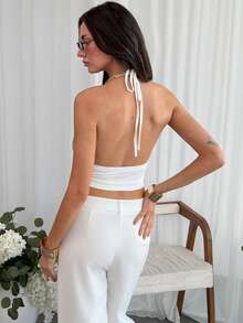 Aloruh Women's Sexy Fringe Halter Backless Crop Top, Summer - White - View 2