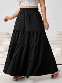 SHEIN EZwear Quần palazzo dài size lớn màu đen phong cách boho mùa hè cho kỳ nghỉ, dáng rộng thoải mái, cạp chun, gấu xếp tầng bèo nhún, phù hợp đi tiệc, hẹn hò và du lịch - màu đen - Xem 4