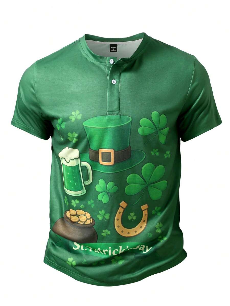 Manfinity Homme Men's Casual Everyday Commute St. Patrick's Day Clover Print Short Sleeve Polo Shirt, Summer - Multicolor - View 1