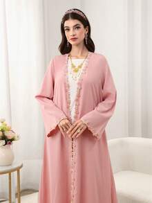 Yasmyna Women's Elegant Floral Lace Cloud Print Long Sleeve Arabic Abaya Robe, Spring/Summer - Pink - View 6