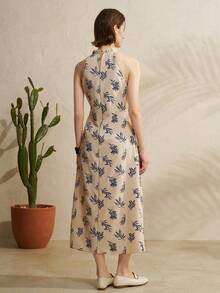 Airaco Đầm linen cổ yếm in họa tiết cây cỏ dành cho nữ - Màu be - Xem 2