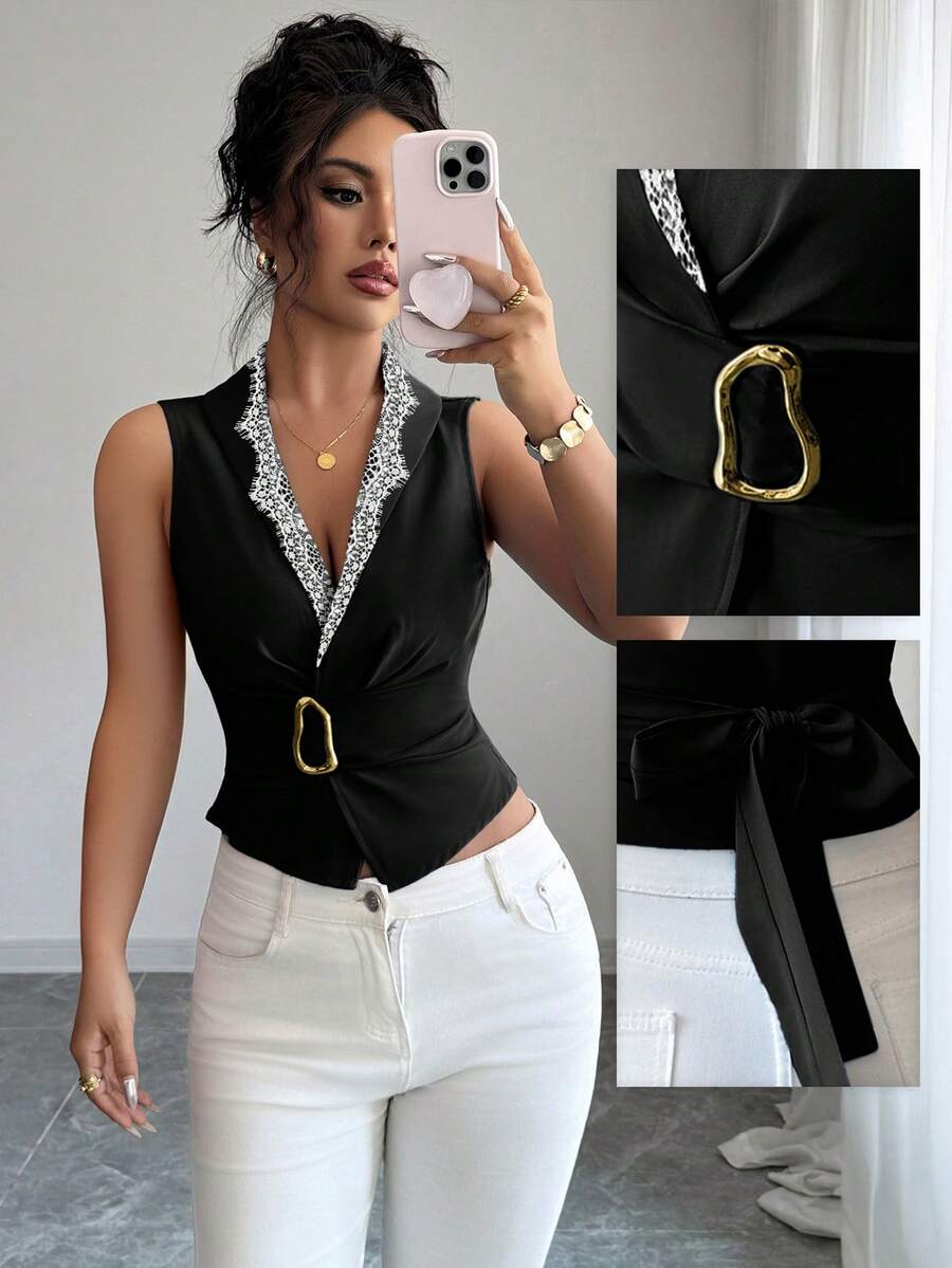 Elenzga Blusa sin mangas de mujer con botones metálicos negros y ribete de encaje blanco para uso diario, viajes casuales y oficina en primavera y verano - Negro - Ver 1