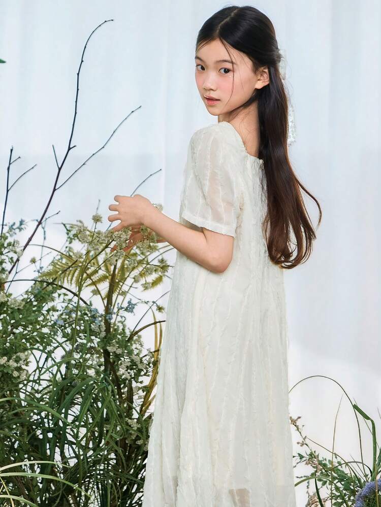 Tween Girls Crew Neck Textured Short Sleeve Midi Dress