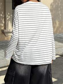 Muchica Plus Striped Print Drop Shoulder Tee - White - View 2