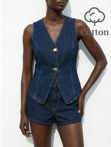 Maija 女士纯色V领无袖短款牛仔上衣 - 深色水洗藍 - 查看 2