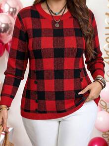 EMERY ROSE Autumn/Winter New Casual Versatile Houndstooth Design Round Neck Long Sleeve Pullover Sweater With Black Decorative Buttons For Women, Fitted Waist - Multicolor - View 6