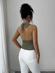 Elenzga Women's 2026 Spring/Summer New Arrival Draped Neck Ruched Backless Camisole - Army Green - View 2