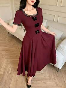 Feyla Đầm hè nữ thanh lịch với nơ trang trí và họa tiết xếp ly. - Đỏ - Xem 6