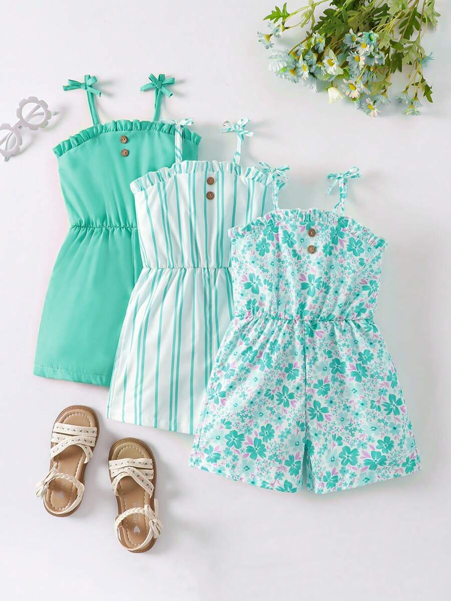 SHEIN Genkimix Kids 女童无袖条纹涤纶短款连体衣，褶皱细节设计，是夏季度假的完美之选。女童连体衣，女童连体衣，女童服装，女童夏季服装，碎花连体衣，条纹连体衣，夏季套装，连体衣，女童连体衣，无袖连体衣，夏季服装。 - 綠色 - 查看 1