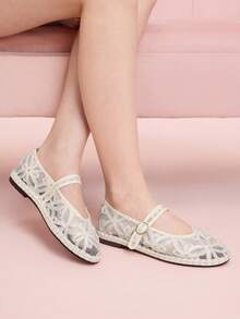 CUCCOO DOLLMOD Women's Fashionable Elegant Commuting 3D Floral Mesh Flats - Beige - View 4