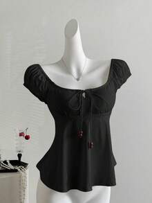 Sweetra Áo thun ngắn tay dáng rộng, thắt nơ, đính ngọc trai, thích hợp cho mùa hè dành cho nữ. - màu đen - Xem 1