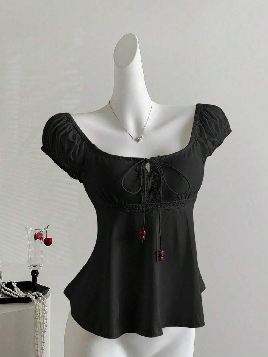 Sweetra Áo thun ngắn tay dáng rộng, thắt nơ, đính ngọc trai, thích hợp cho mùa hè dành cho nữ. - màu đen - Xem 1