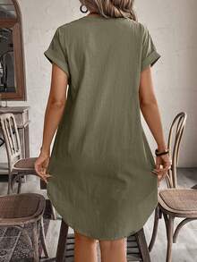 EMERY ROSE Women's Solid Color Button Front Short Sleeve Casual Mini Dress,Summer Dresses For Women - Army Green - View 3