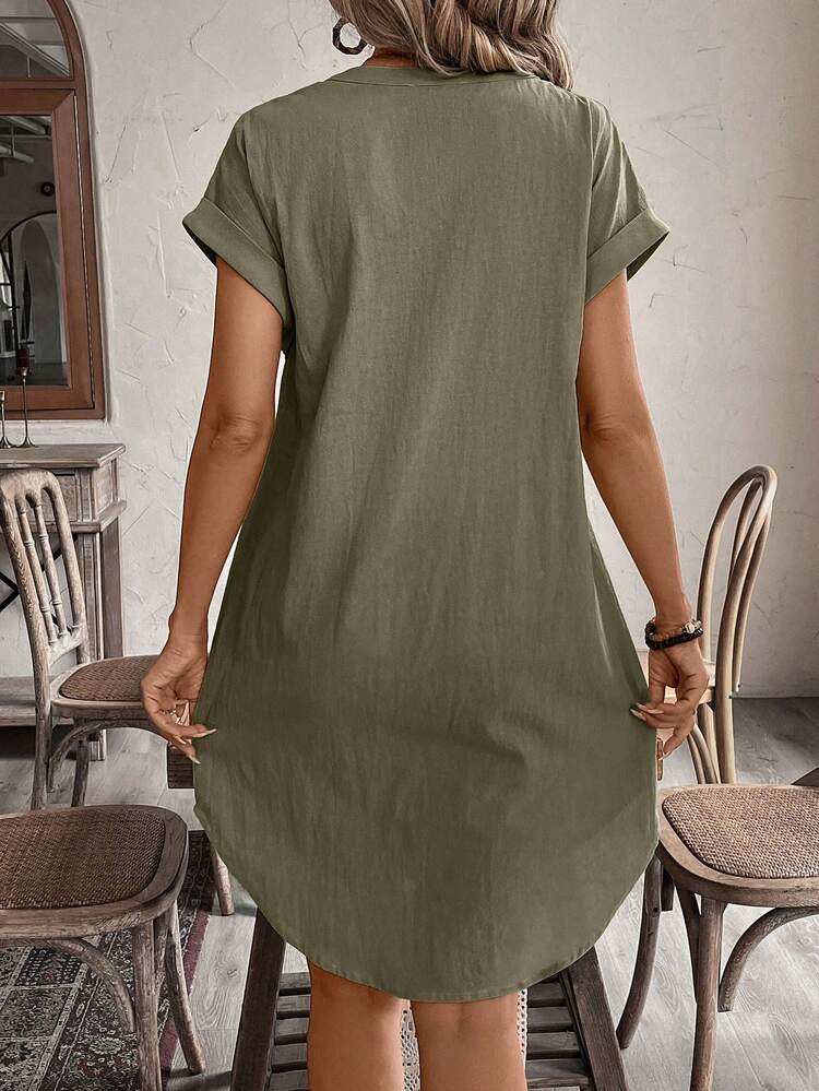 Women's Solid Color Button Front Short Sleeve Casual Mini Dress,Summer Dresses For Women