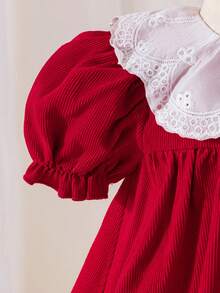 SHEIN LMoss Kids 女嬰紅色泡泡袖彼得潘領洋裝，休閒舒適，可愛女嬰款 - 紅色 - 查看 4