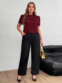 Firerie Plus Size Women's Solid Color Pleated Puff Sleeve Elegant Blouse Formal Tops Formal Top Maroon Tops Modest Tops Office Tops For Women - Burgundy - View 6