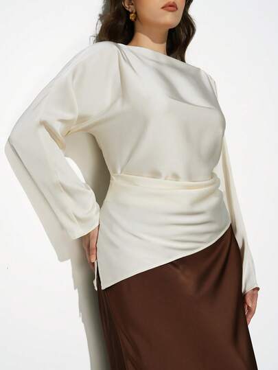 Maija Plus Size 2026 New Satin White Off Shoulder Ruched Waist Long Sleeve Blouse, Romantic, Fashionable, Versatile; Comfortable, Stylish, Elegant, Casual, Simple Daily Essential, Solid Color, Holiday Casual, Appropriate, Single Lady, Elegant Business Casual Outerwear Top, Business Casual Silhouette