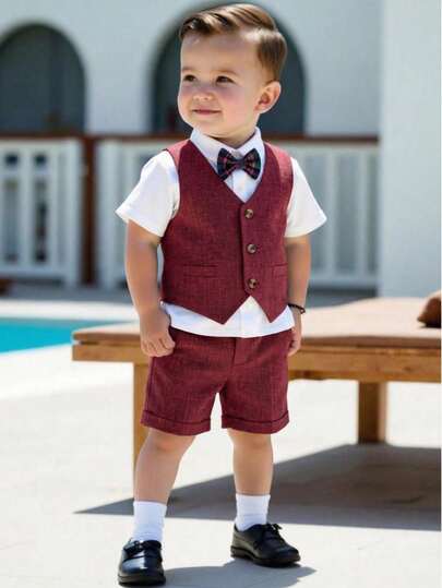 SHEIN 宝宝首个母亲节三件套服装——无袖背心、领结和短裤。背心为浅灰色，饰有纽扣，搭配小巧的多色领结。短裤也为浅灰色，与背心颜色相配。适合儿童出席小型婚礼、儿童音乐会等场合。