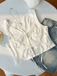 Sweetra Elegant French Textured Jacquard Fabric Tie-Front Design Casual Versatile Commuter Blazer For Women, Summer - White - View 3