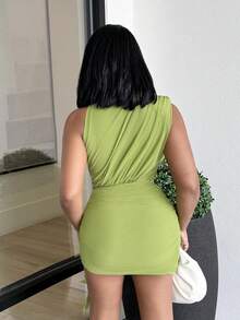 Alexandranx 女式不对称肩部褶皱和 3d 花朵装饰连衣裙 - 綠色 - 查看 2