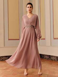 Anewsta V-Neck Chiffon Elegant Embroidered Pearl Long Dress - Coral Pink - View 7