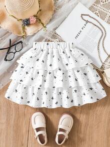 SHEIN Girls Casual Layered Polka Dot Bow Print Ruffle Fabric Skirt, Suitable For Vacation & Leisure Wear - White - View 2
