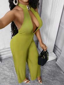 Lureya Women's Fashion Sexy Front Hollow Lace-Up Backless Jumpsuit, Straight Leg Wide Leg Pants, Suitable For Evening Gala, Party