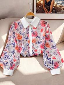 GlowEve CURVE Blusa holgada con estampado floral, mangas farol y contraste de color, estilo casual de vacaciones para mujer talla grande, primavera/otoño - Multicolor - Ver 3